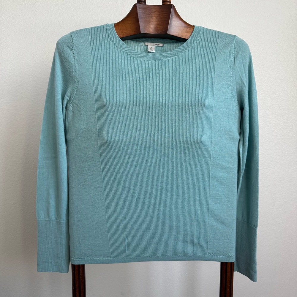Halogen 100% Merino Wool Sweater Teal Seafoam Fine Knit Crew Neck Sz M Minimalis